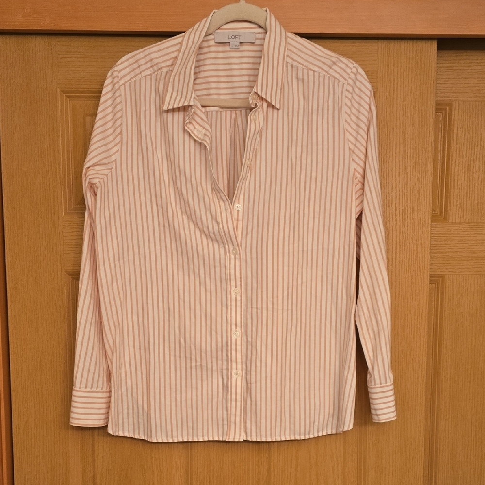 LOFT Tan/Pumpkin and Cream Striped Blouse